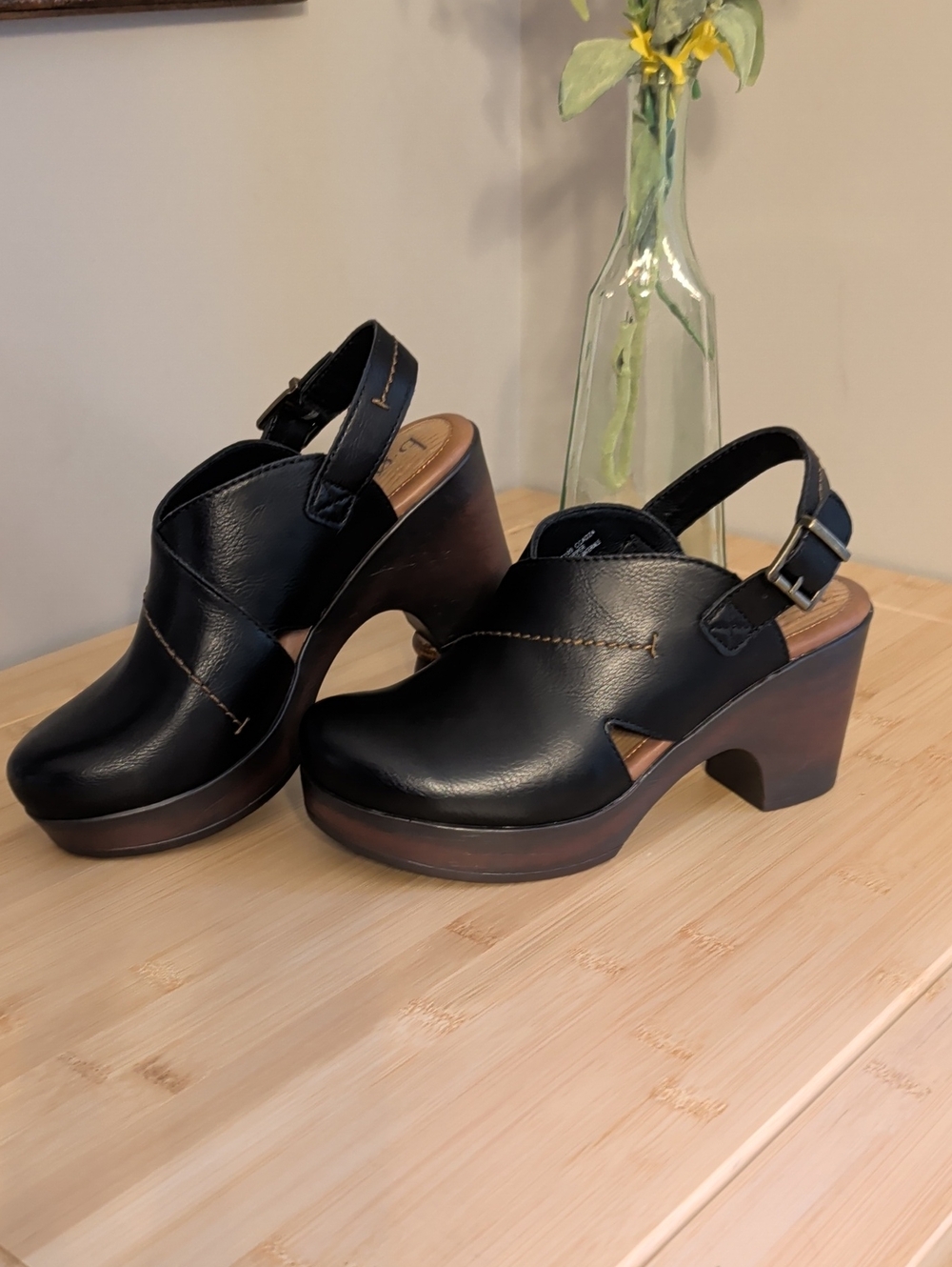 boc Black Leather Slingback Clogs with Wood-Tone Heel